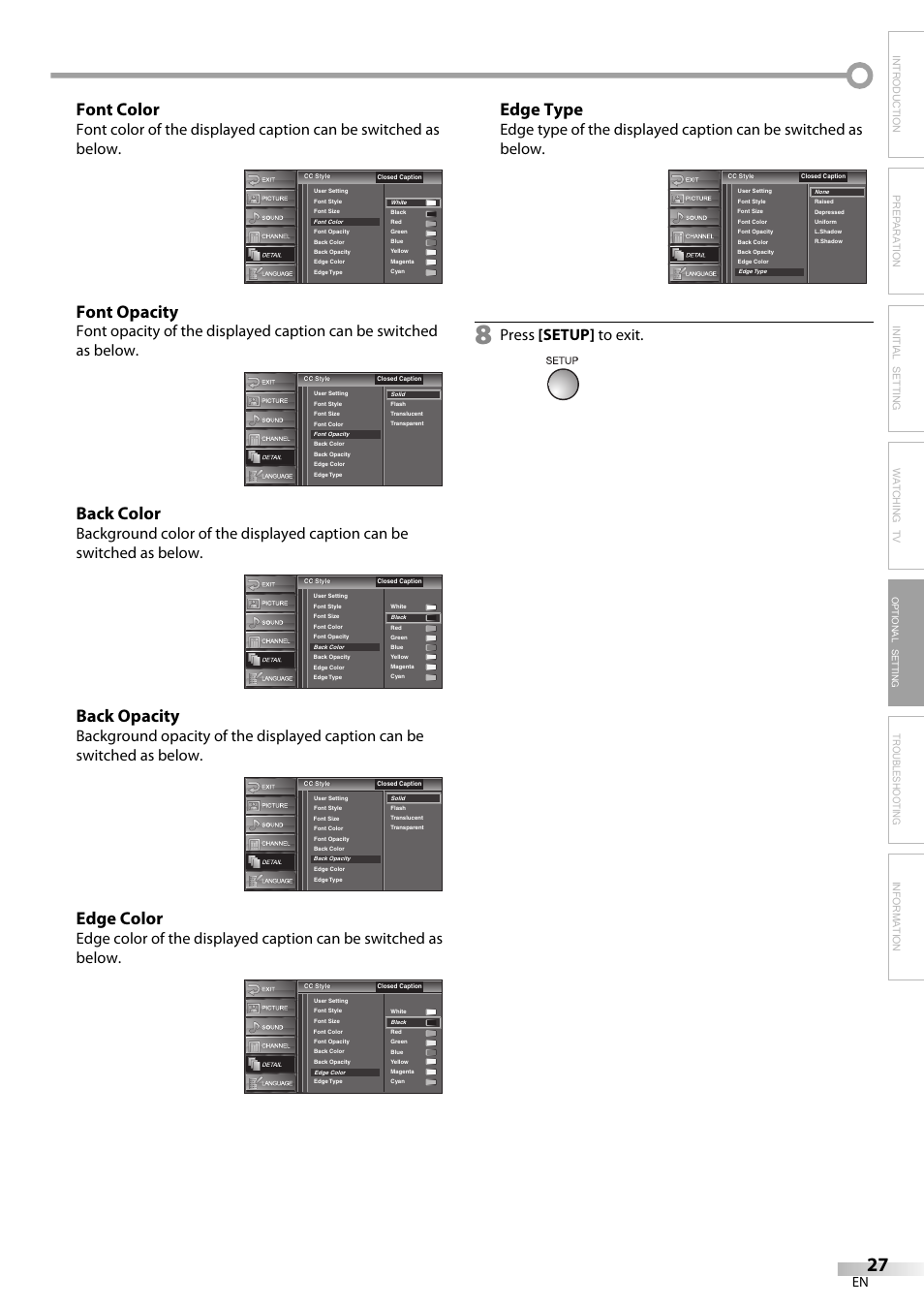 Font color, Font opacity, Back color | Back opacity, Edge color, Edge type, Troubleshooting information, Press [setup] to exit, Optional setting | FUNAI LC225SL9 User Manual | Page 27 / 76