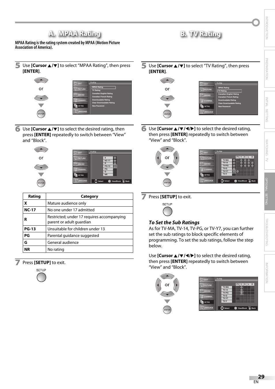 A. mpaa rating, B. tv rating, Troubleshooting information | Press [setup] to exit, Optional setting | FUNAI LC225SL9 User Manual | Page 29 / 76