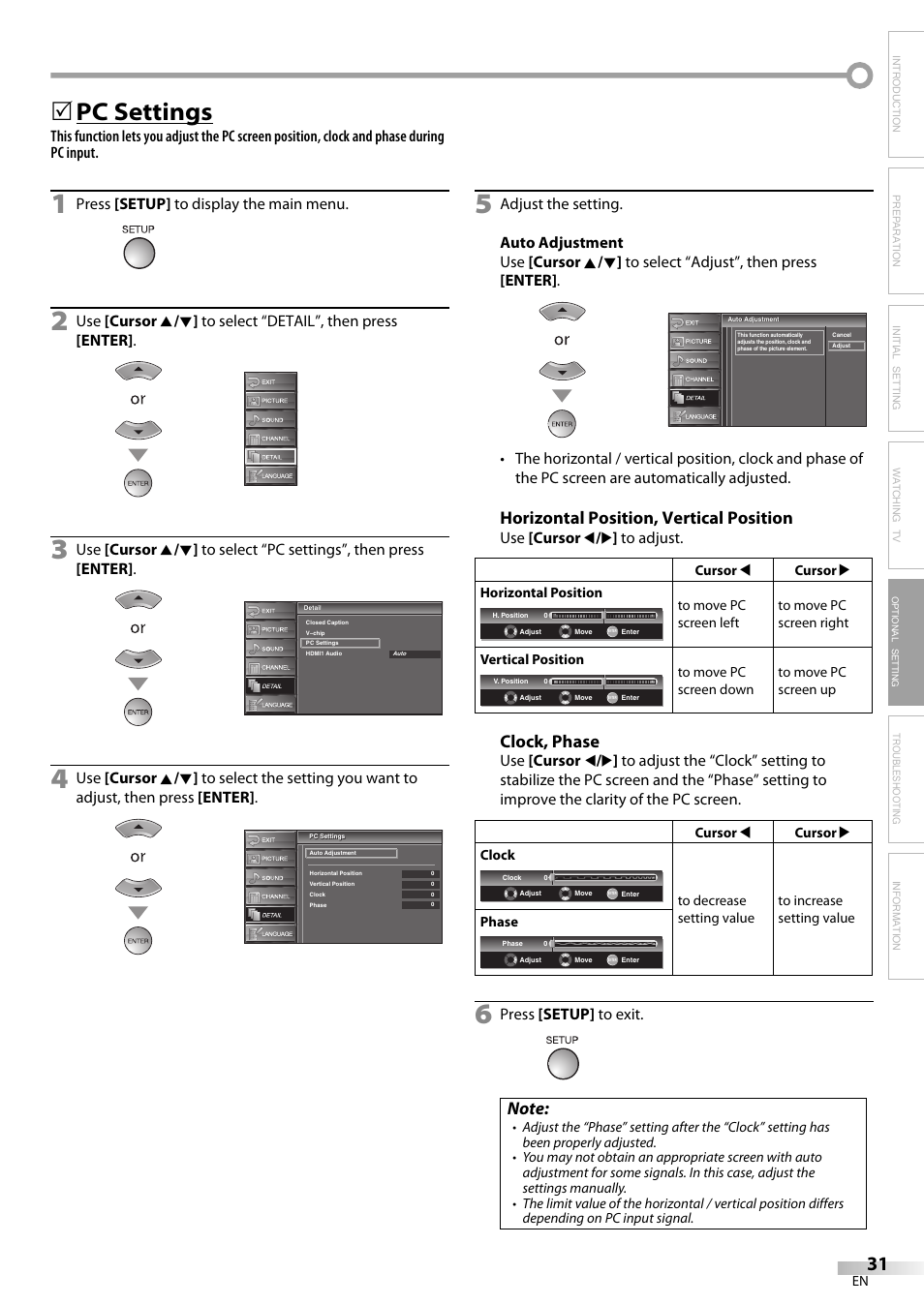 Pc settings, Horizontal position, vertical position, Clock, phase | Troubleshooting information, Press [setup] to display the main menu, Use [cursor s / b ] to adjust, Press [setup] to exit | FUNAI LC225SL9 User Manual | Page 31 / 76