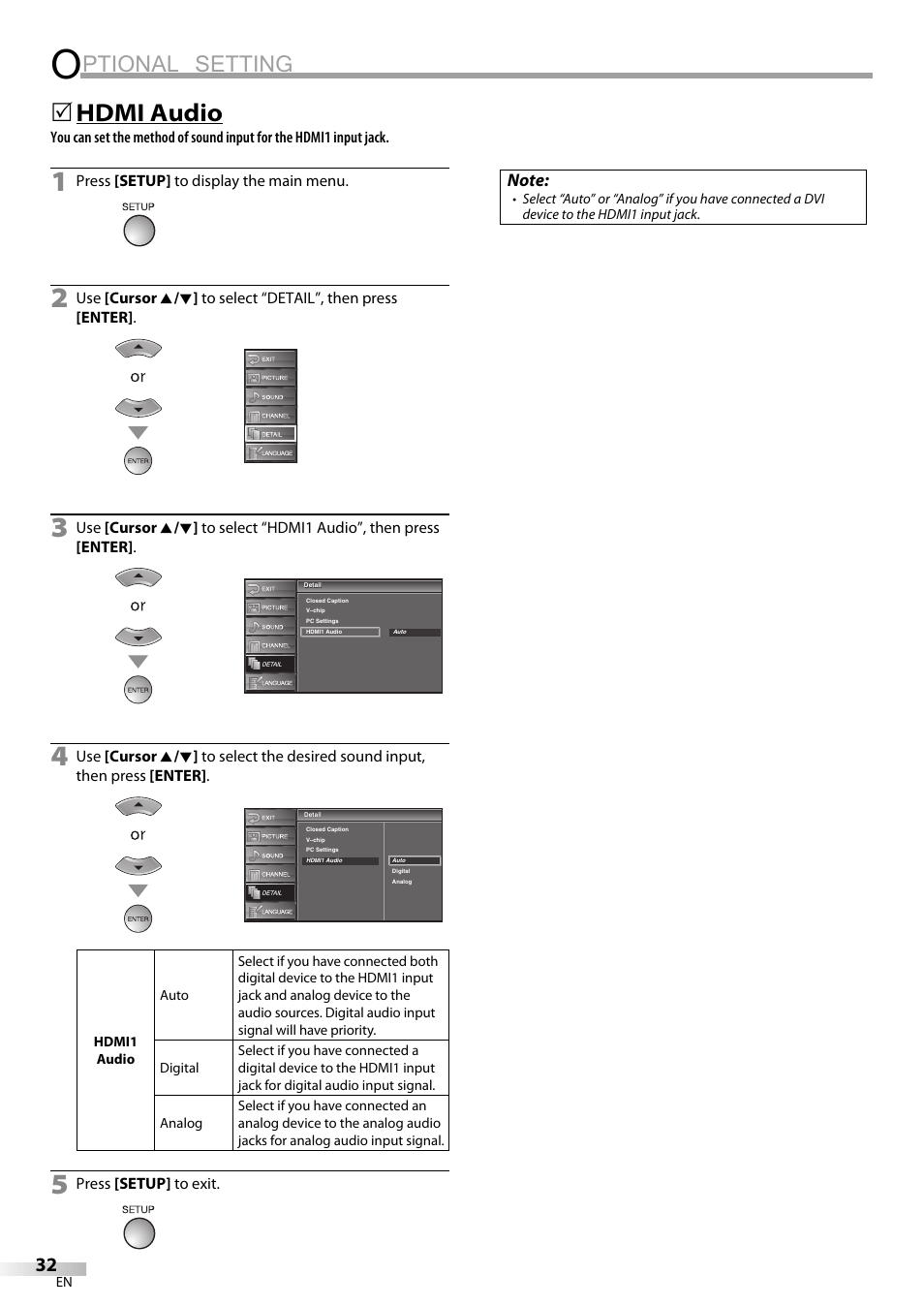 Ptional setting, Hdmi audio | FUNAI LC225SL9 User Manual | Page 32 / 76