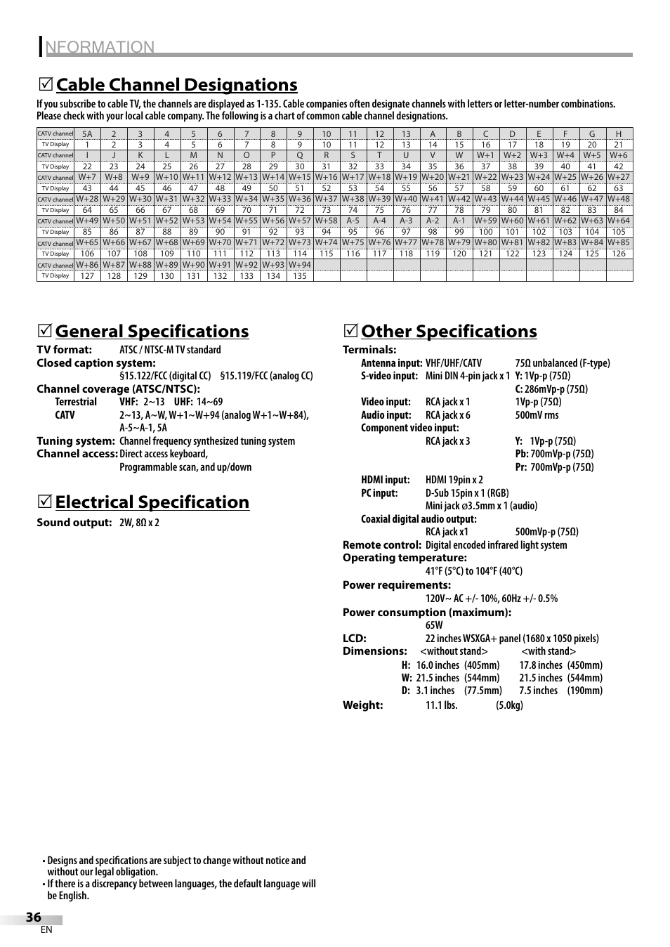 Nformation, General specifications, Electrical specification | 5other specifications, Cable channel designations 5 | FUNAI LC225SL9 User Manual | Page 36 / 76