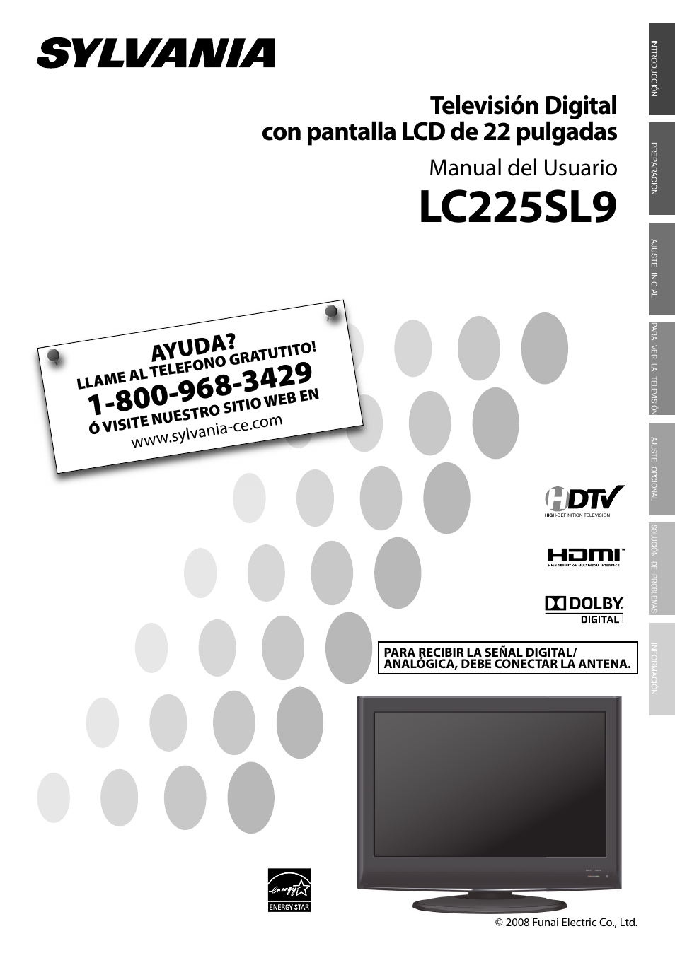 Lc225sl9, Televisión digital con pantalla lcd de 22 pulgadas, Ayuda | Manual del usuario | FUNAI LC225SL9 User Manual | Page 39 / 76