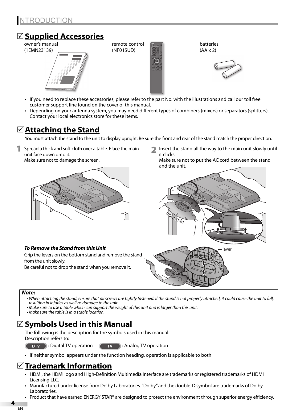 Ntroduction, Symbols used in this manual, Attaching the stand | Trademark information, Supplied accessories 5 | FUNAI LC225SL9 User Manual | Page 4 / 76