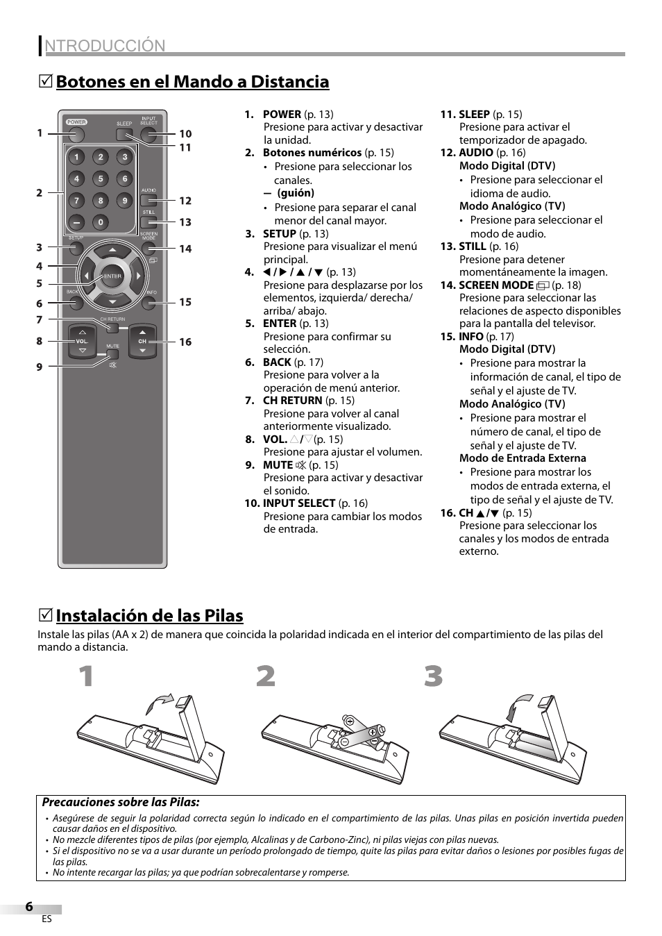 Ntroducción, Botones en el mando a distancia 5, Instalación de las pilas | FUNAI LC225SL9 User Manual | Page 44 / 76