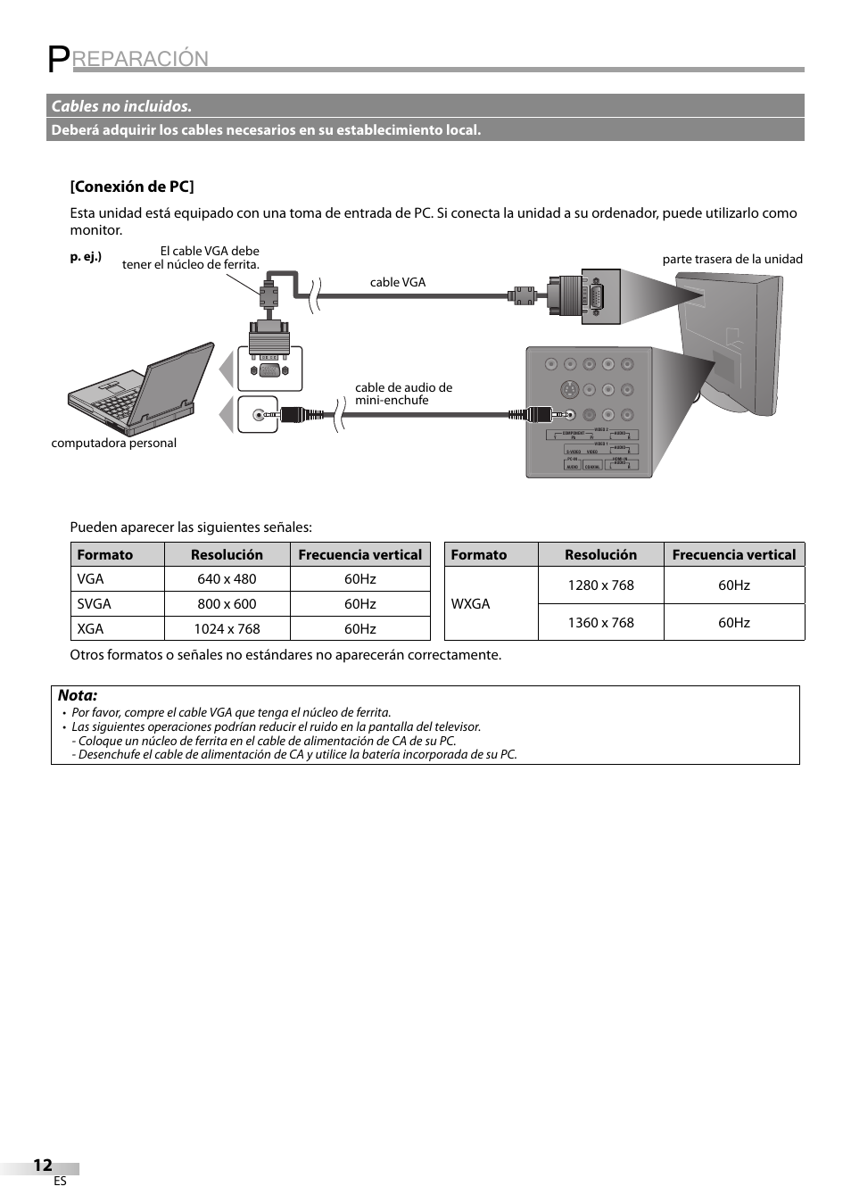 Reparación, Conexión de pc, Nota | Cables no incluidos | FUNAI LC225SL9 User Manual | Page 50 / 76