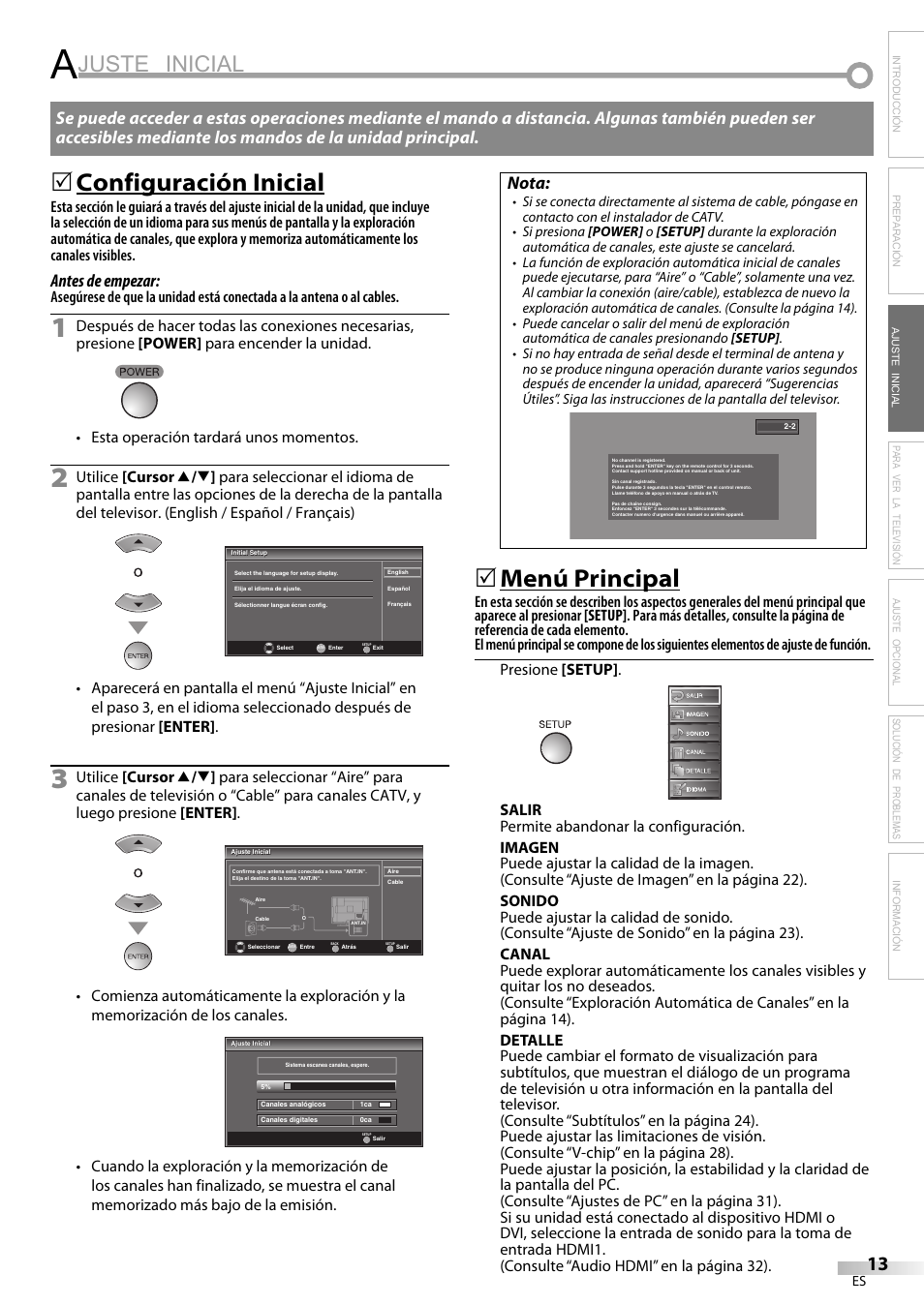 Juste inicial, Configuración inicial, Menú principal | Antes de empezar, Nota | FUNAI LC225SL9 User Manual | Page 51 / 76
