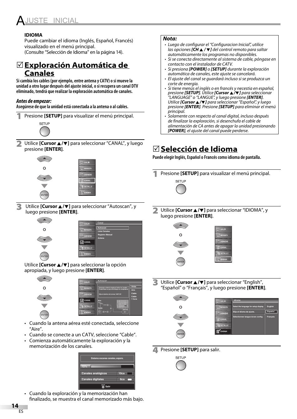 Juste inicial, Exploración automática de canales, Selección de idioma | Antes de empezar, Nota | FUNAI LC225SL9 User Manual | Page 52 / 76