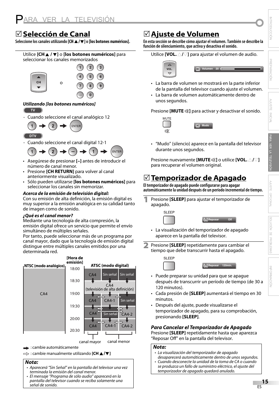 Ara ver la televisión, Selección de canal, Ajuste de volumen | Temporizador de apagado | FUNAI LC225SL9 User Manual | Page 53 / 76