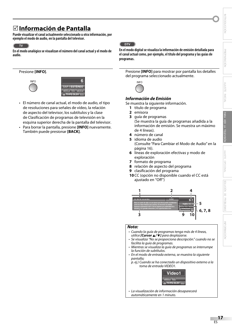 Información de pantalla, Información de emisión, Nota | Video1, Solución de problemas información | FUNAI LC225SL9 User Manual | Page 55 / 76