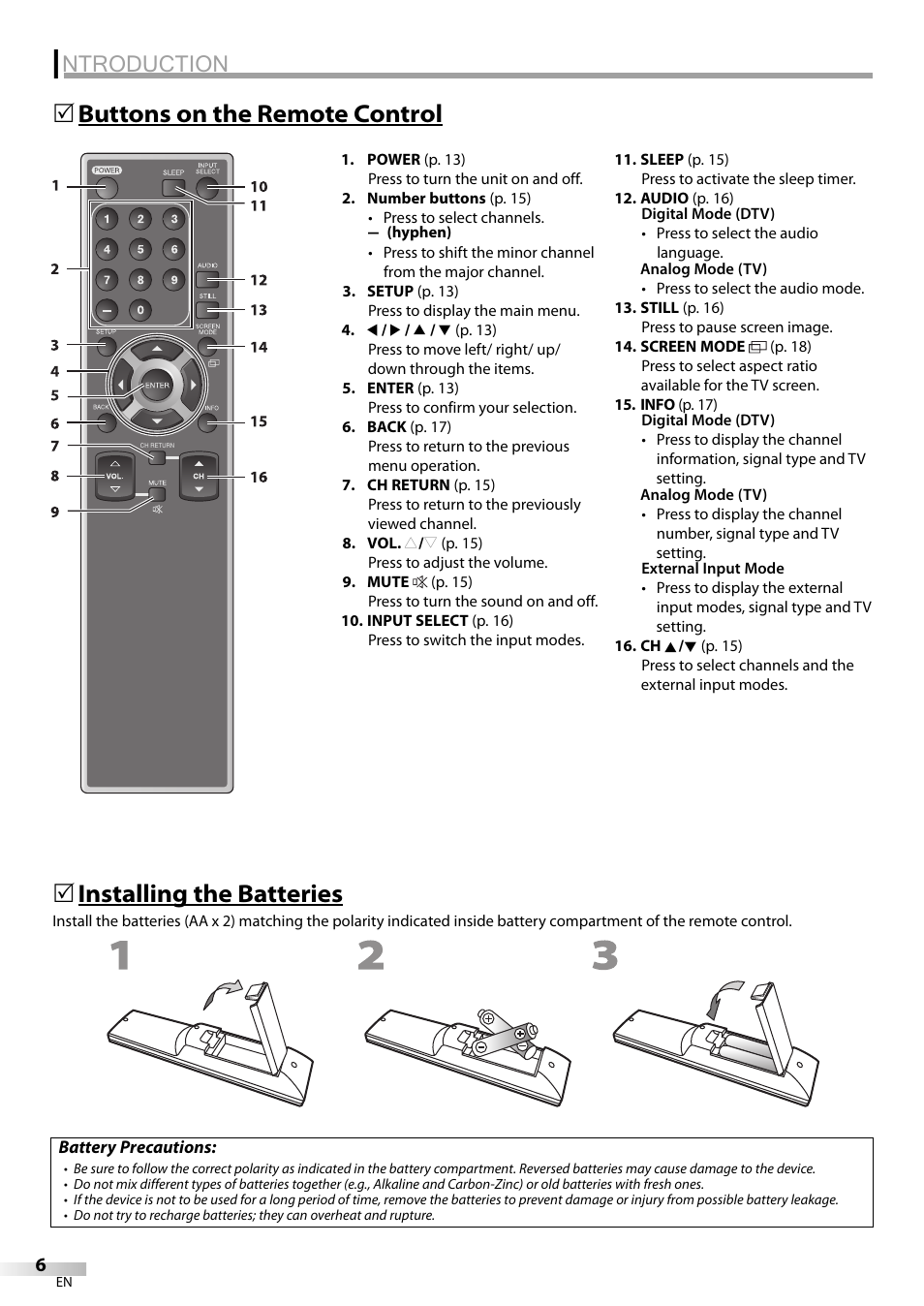 Ntroduction, Buttons on the remote control 5, Installing the batteries | FUNAI LC225SL9 User Manual | Page 6 / 76