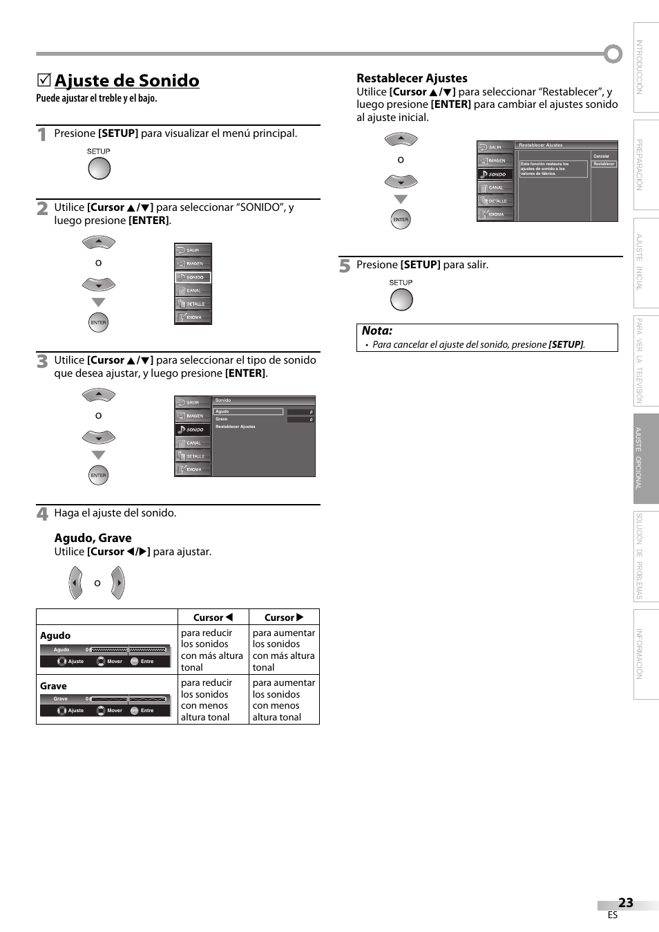 Ajuste de sonido, Agudo, grave, Restablecer ajustes | Nota | FUNAI LC225SL9 User Manual | Page 61 / 76