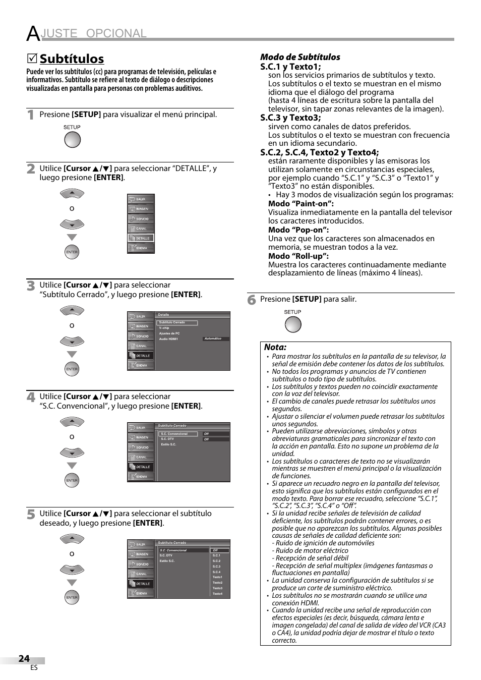 Juste opcional, Subtítulos, Modo de subtítulos s.c.1 y texto1 | S.c.3 y texto3, S.c.2, s.c.4, texto2 y texto4, Nota | FUNAI LC225SL9 User Manual | Page 62 / 76