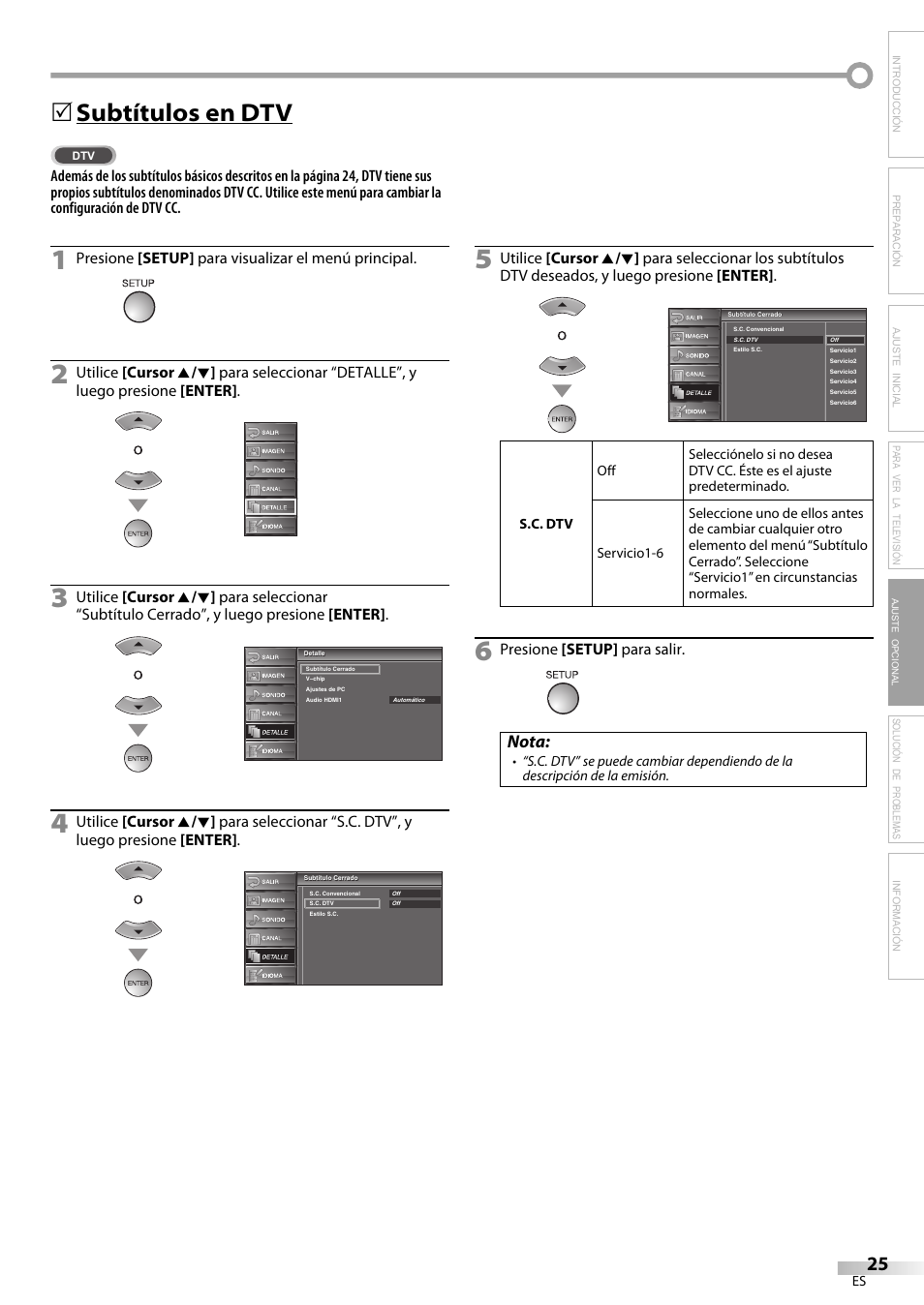 Subtítulos en dtv, Nota, Solución de problemas información | FUNAI LC225SL9 User Manual | Page 63 / 76