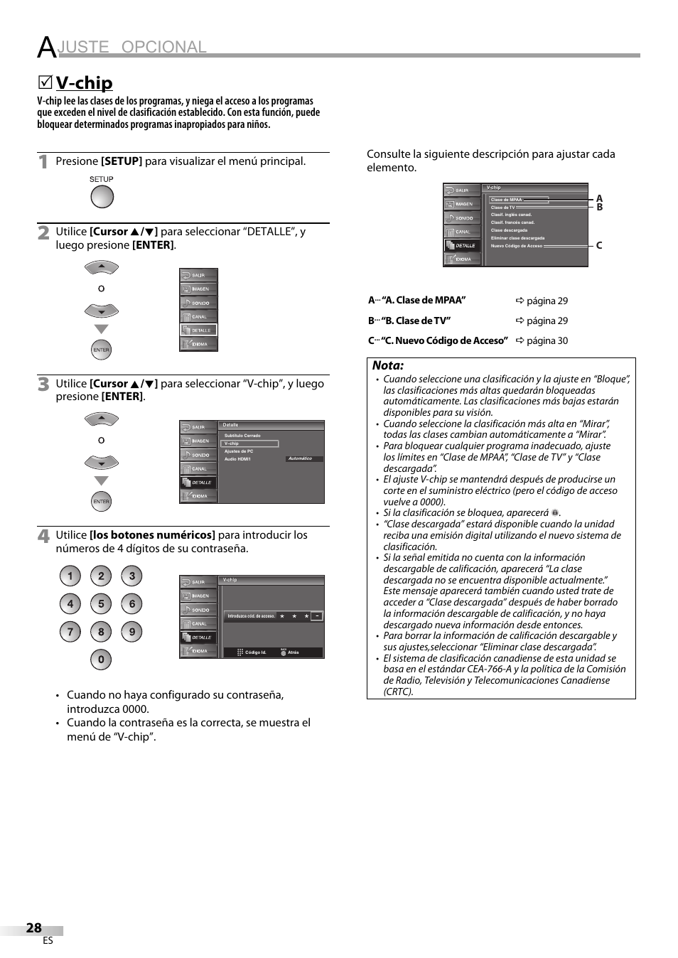 Juste opcional, V-chip, Nota | FUNAI LC225SL9 User Manual | Page 66 / 76