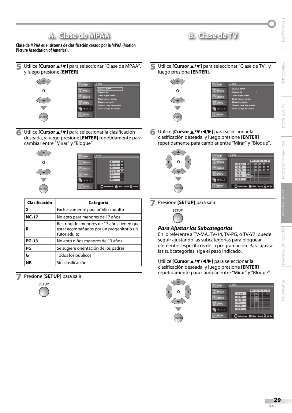 A. clase de mpaa, B. clase de tv, Para ajustar las subcategorías | Solución de problemas información, Presione [setup] para salir, Ajuste opcional | FUNAI LC225SL9 User Manual | Page 67 / 76