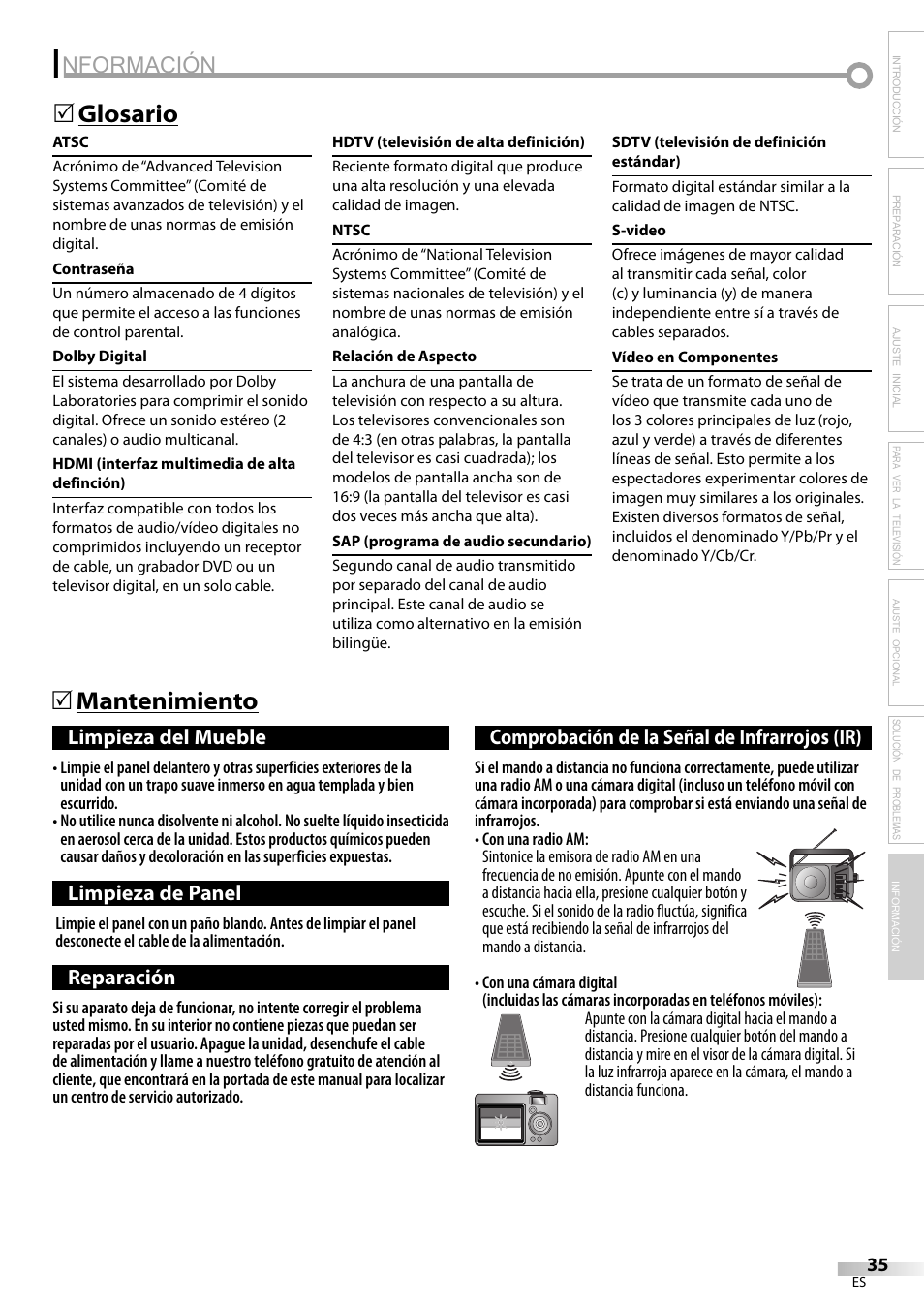 Nformación, Mantenimiento 5, Glosario 5 | FUNAI LC225SL9 User Manual | Page 73 / 76