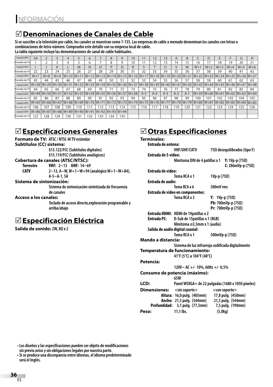 Nformación, Especificaciones generales, Especificación eléctrica | 5otras especificaciones, Denominaciones de canales de cable 5 | FUNAI LC225SL9 User Manual | Page 74 / 76