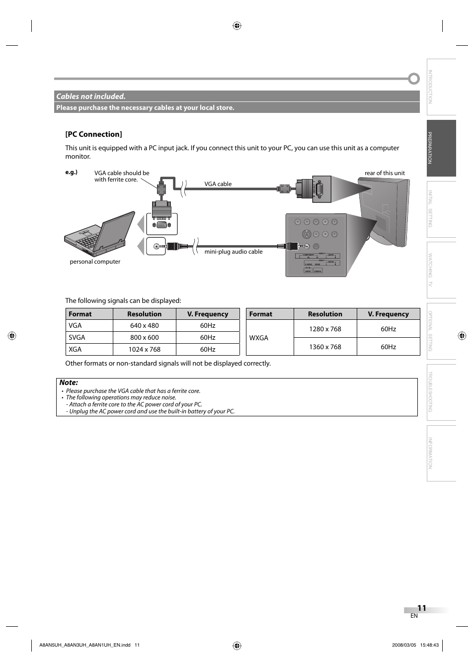 Pc connection, Cables not included | FUNAI LC195EM9 B User Manual | Page 11 / 72