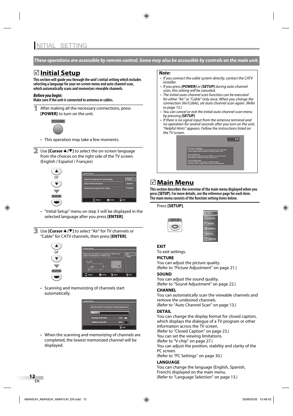 Nitial setting, Initial setup, Main menu | Before you begin | FUNAI LC195EM9 B User Manual | Page 12 / 72