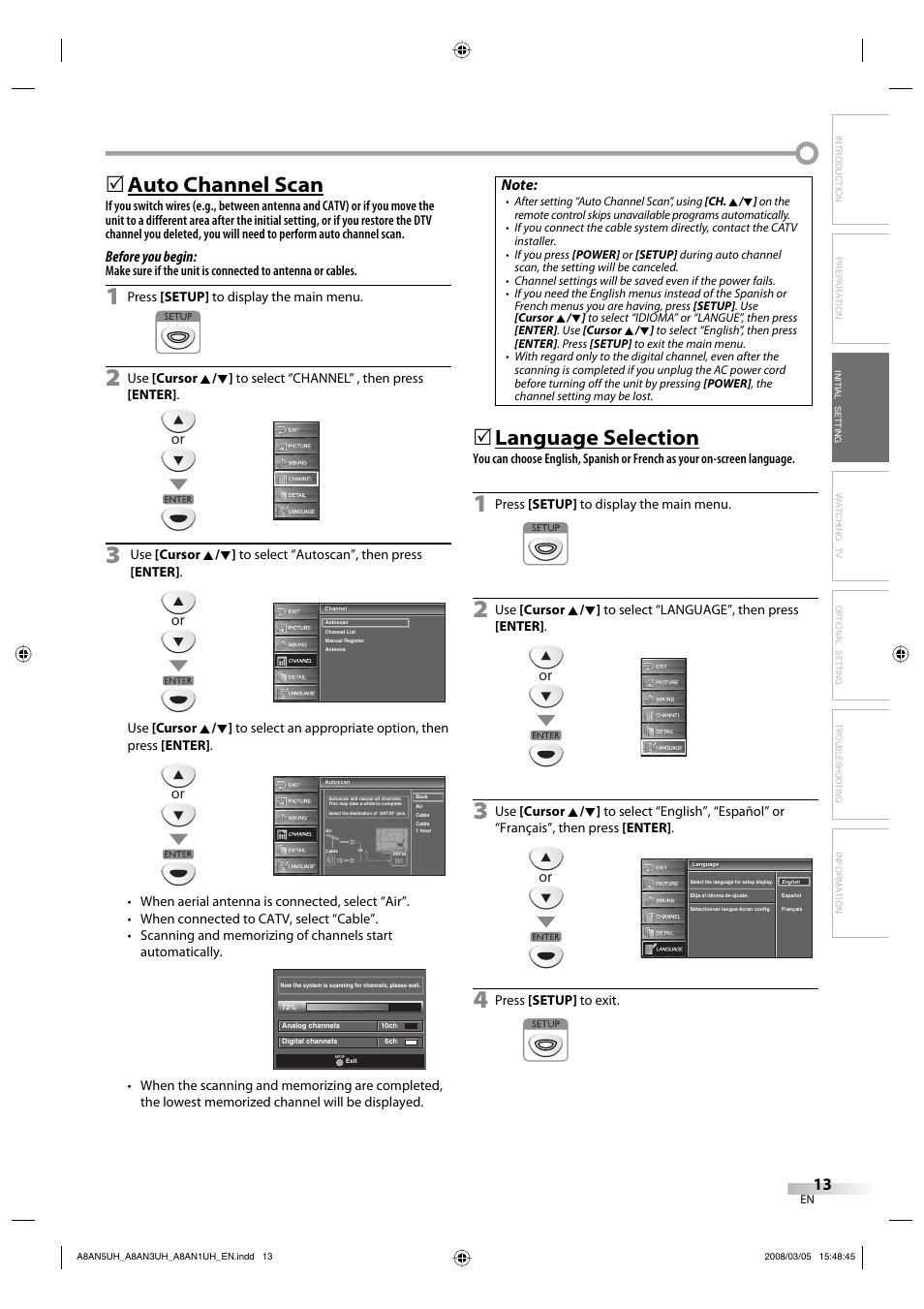 Auto channel scan, Language selection, Before you begin | FUNAI LC195EM9 B User Manual | Page 13 / 72