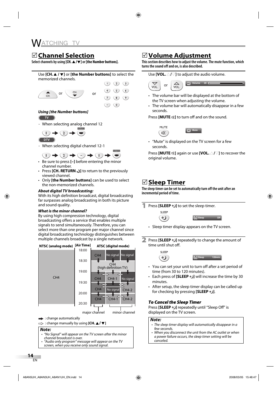 Atching tv, Channel selection, Volume adjustment | Sleep timer | FUNAI LC195EM9 B User Manual | Page 14 / 72