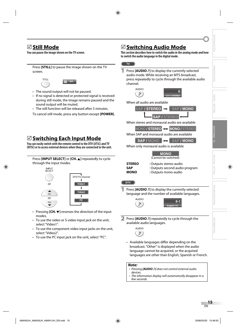 Still mode, Switching each input mode, Switching audio mode | FUNAI LC195EM9 B User Manual | Page 15 / 72