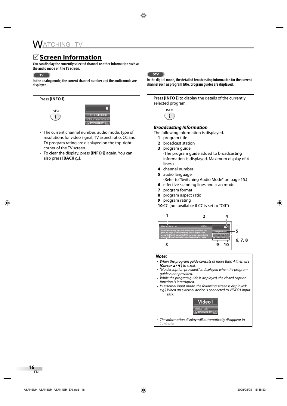 Atching tv, Screen information, Broadcasting information | FUNAI LC195EM9 B User Manual | Page 16 / 72