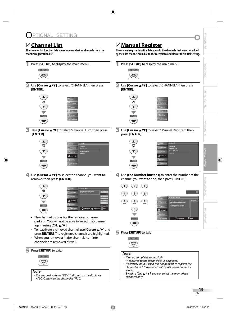 Ptional setting, Channel list, Manual register | FUNAI LC195EM9 B User Manual | Page 19 / 72