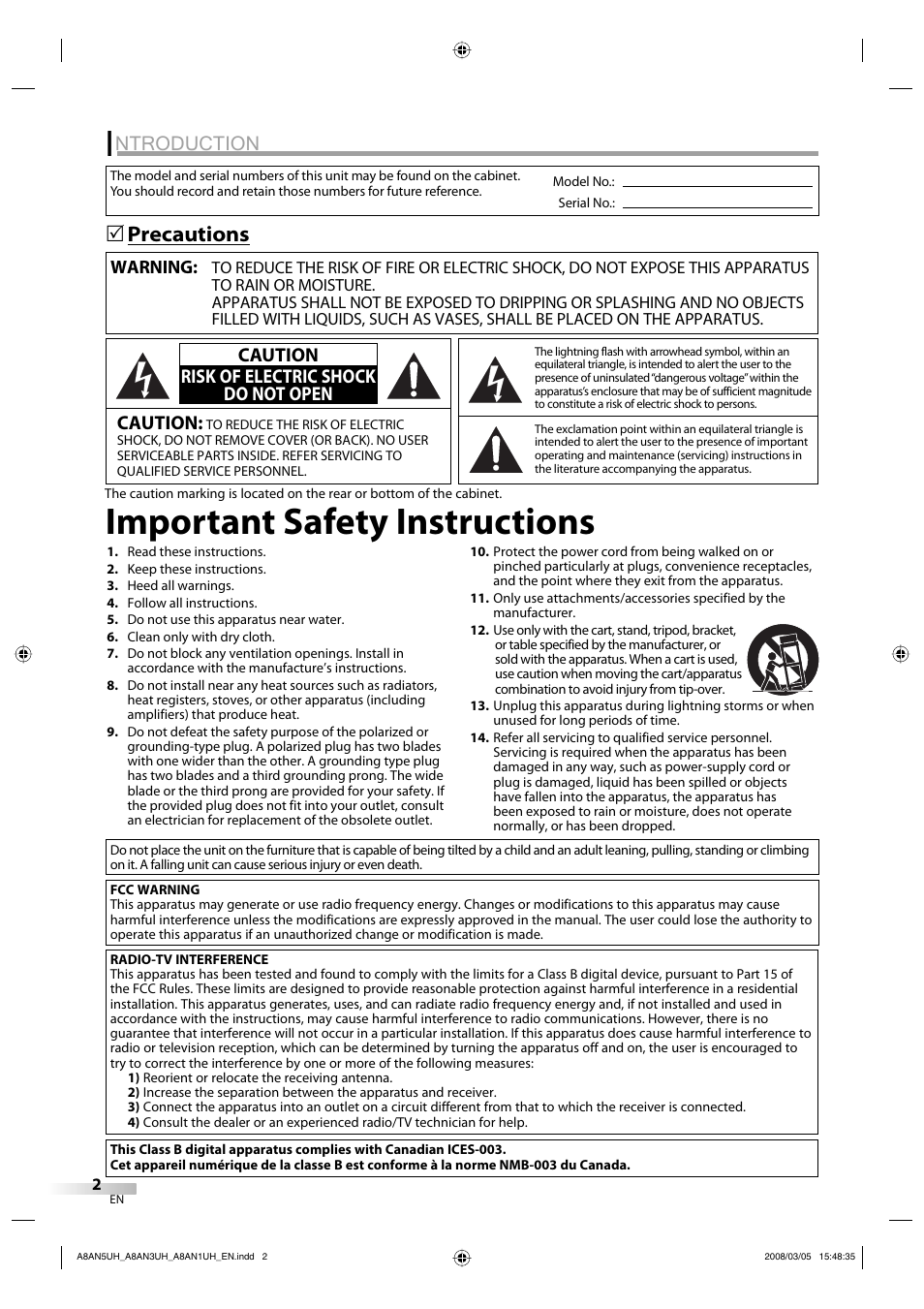 Important safety instructions, Ntroduction, Precautions 5 | Caution, Caution risk of electric shock do not open | FUNAI LC195EM9 B User Manual | Page 2 / 72