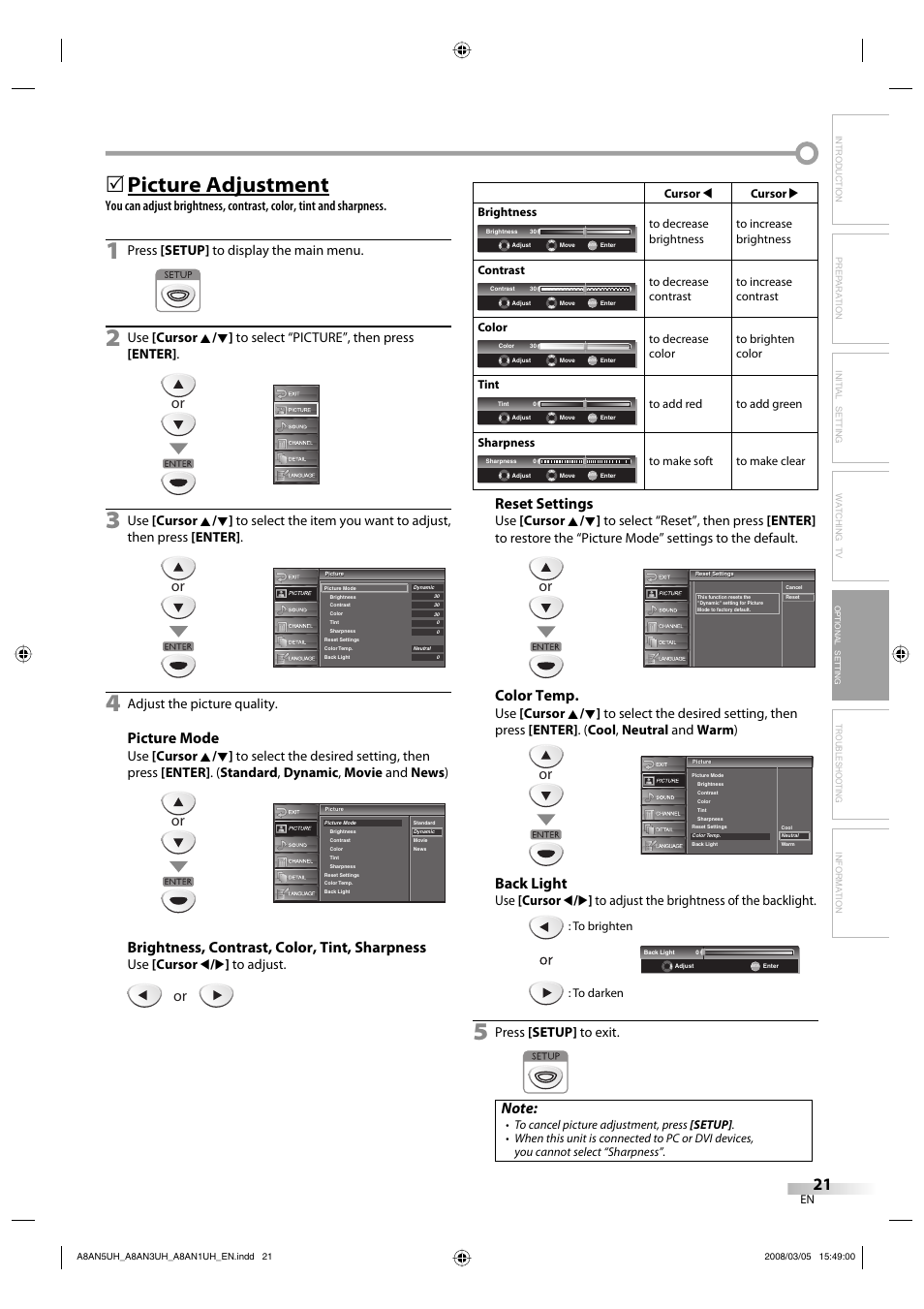 Picture adjustment, Picture mode, Brightness, contrast, color, tint, sharpness | Reset settings, Color temp, Back light, Troubleshooting information, Press [setup] to display the main menu, Adjust the picture quality, Use [cursor s / b ] to adjust | FUNAI LC195EM9 B User Manual | Page 21 / 72
