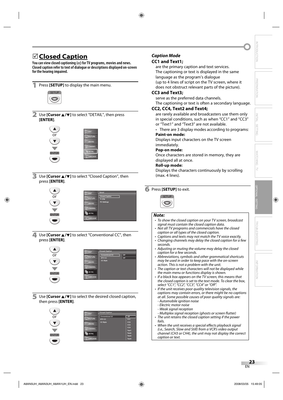 Closed caption, Caption mode cc1 and text1, Cc3 and text3 | Cc2, cc4, text2 and text4 | FUNAI LC195EM9 B User Manual | Page 23 / 72