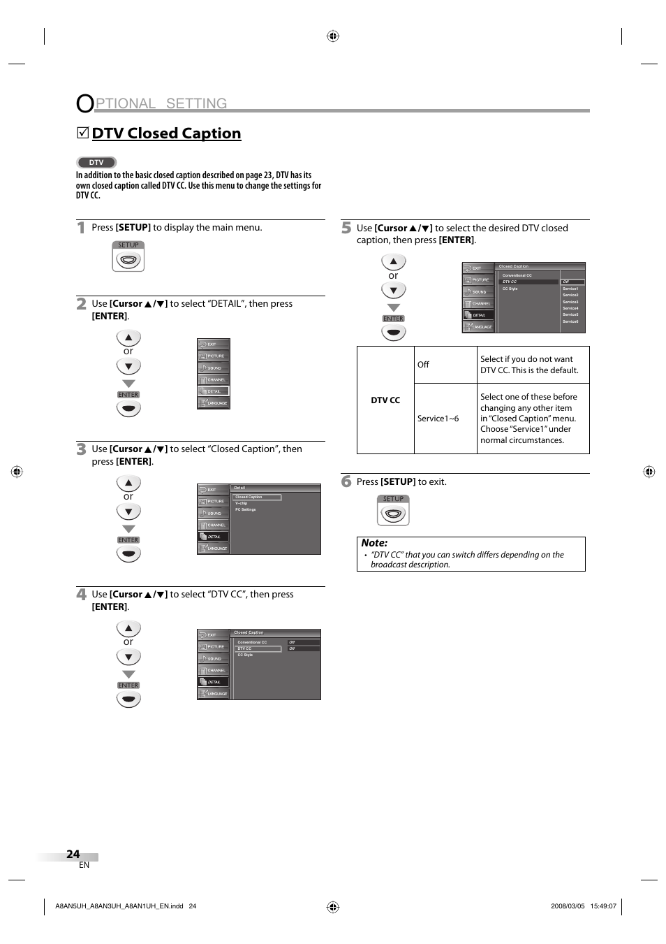 Ptional setting, Dtv closed caption | FUNAI LC195EM9 B User Manual | Page 24 / 72