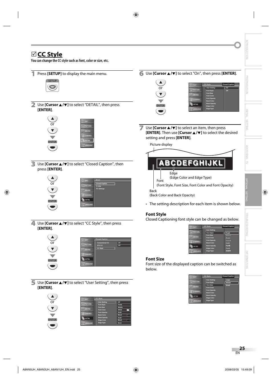 Cc style, Font style, Font size | Troubleshooting information, Press [setup] to display the main menu | FUNAI LC195EM9 B User Manual | Page 25 / 72