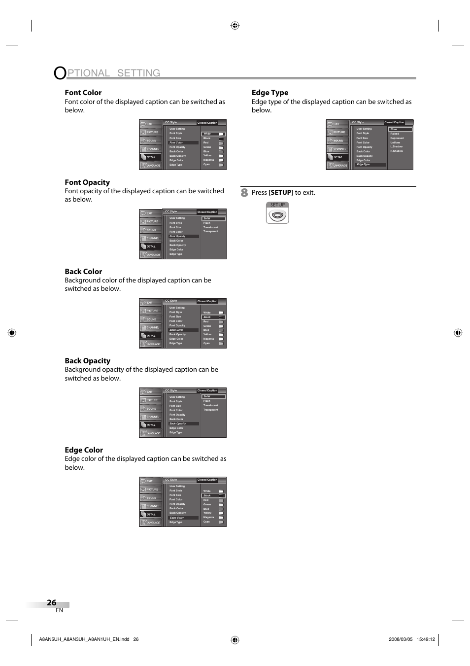 Ptional setting, Font color, Font opacity | Back color, Back opacity, Edge color, Edge type, Press [setup] to exit | FUNAI LC195EM9 B User Manual | Page 26 / 72