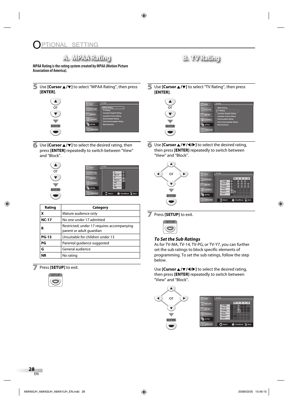 Ptional setting, A. mpaa rating, B. tv rating | Press [setup] to exit | FUNAI LC195EM9 B User Manual | Page 28 / 72
