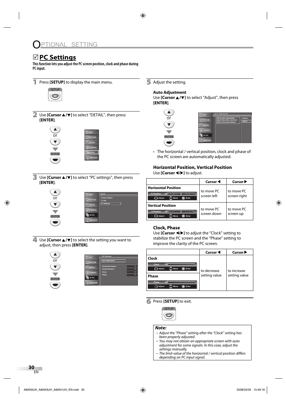 Ptional setting, Pc settings, Horizontal position, vertical position | Clock, phase | FUNAI LC195EM9 B User Manual | Page 30 / 72
