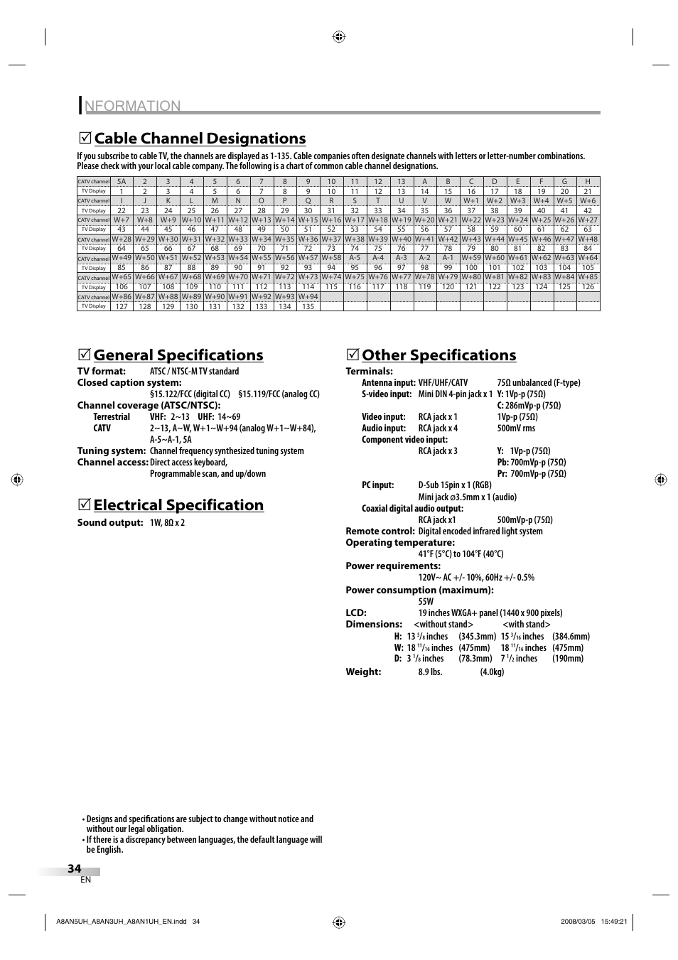 Nformation, General specifications, Electrical specification | 5other specifications, Cable channel designations 5 | FUNAI LC195EM9 B User Manual | Page 34 / 72