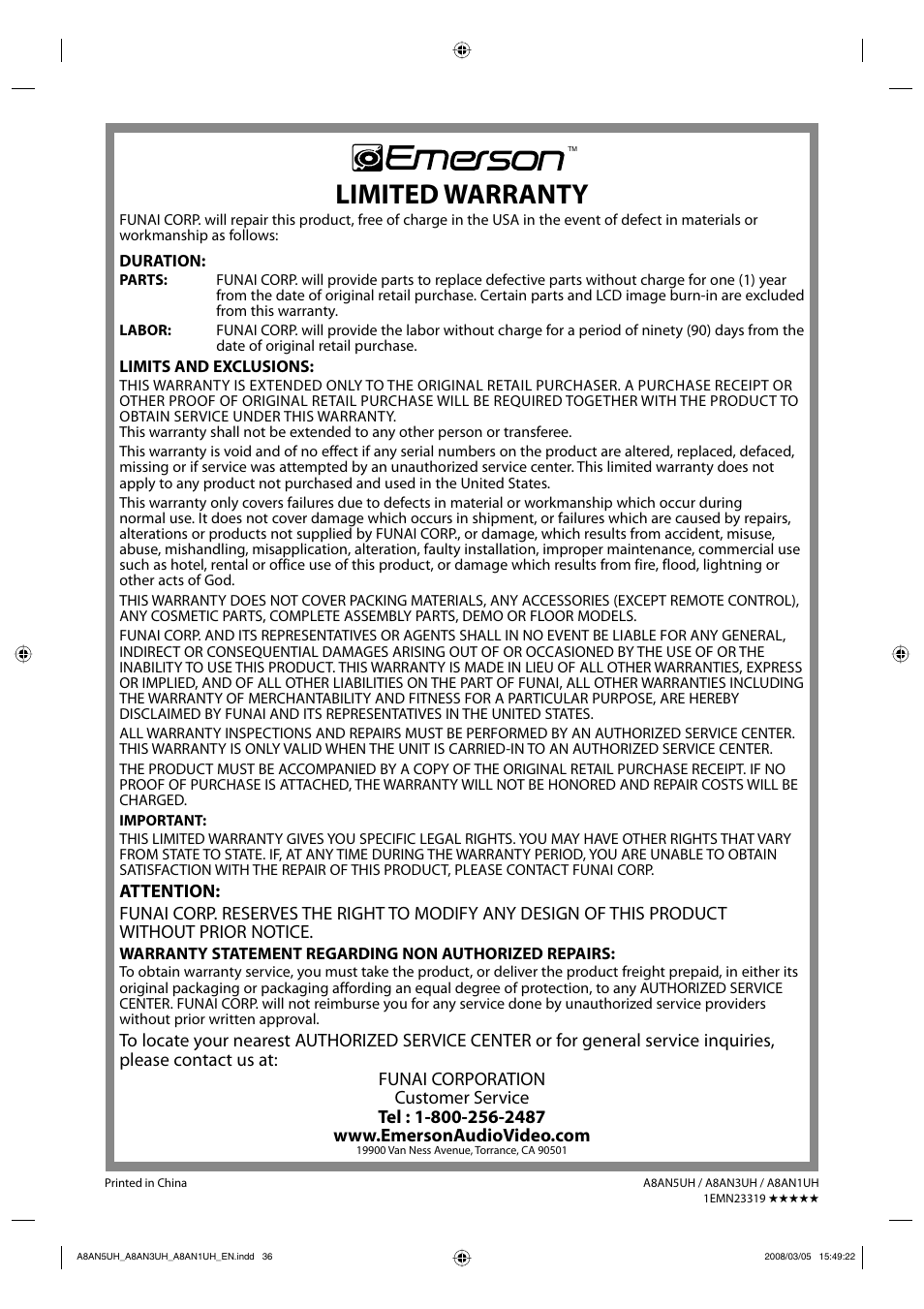 Limited warranty | FUNAI LC195EM9 B User Manual | Page 36 / 72
