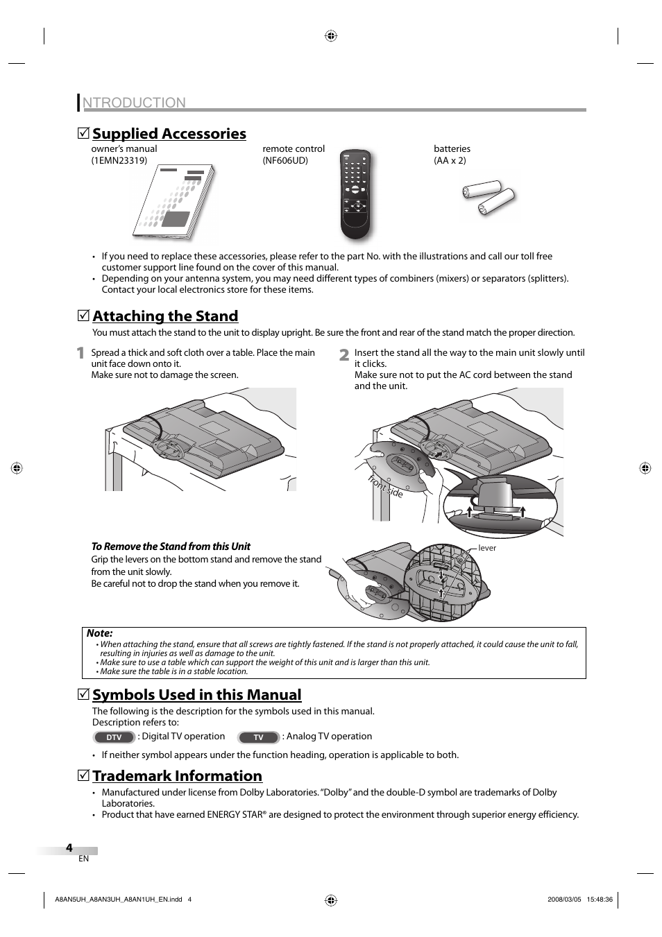 Ntroduction, Symbols used in this manual, Attaching the stand | Trademark information, Supplied accessories 5 | FUNAI LC195EM9 B User Manual | Page 4 / 72