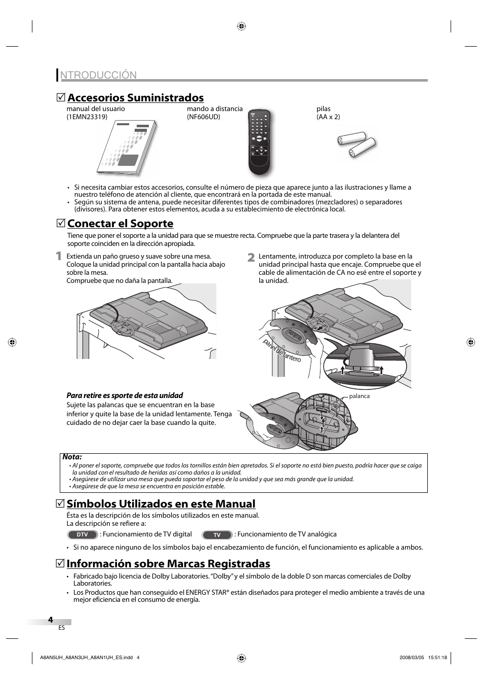 Ntroducción, Símbolos utilizados en este manual, Información sobre marcas registradas | Conectar el soporte, Accesorios suministrados 5 | FUNAI LC195EM9 B User Manual | Page 40 / 72