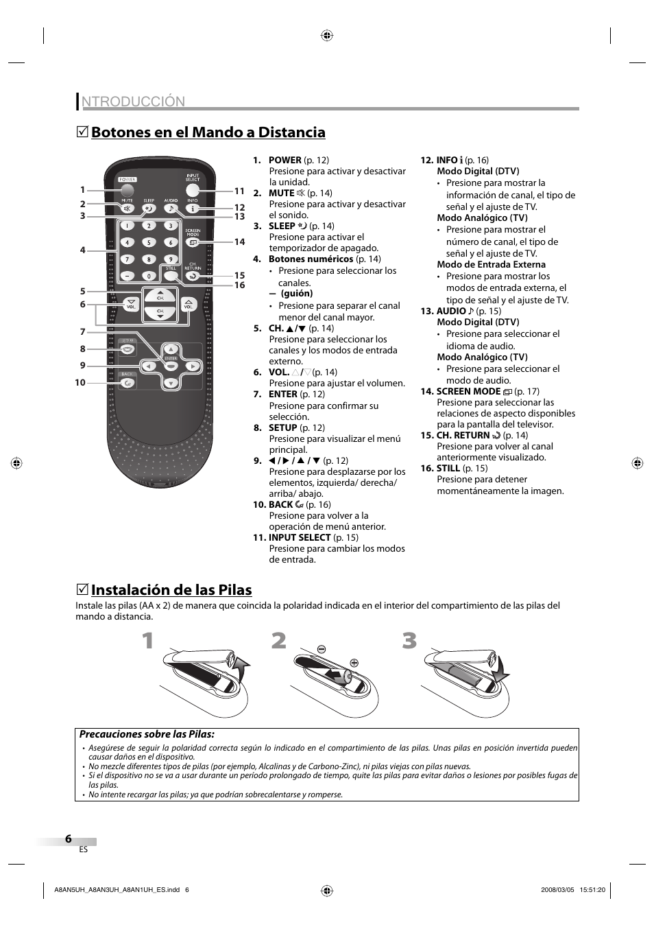 Ntroducción, Botones en el mando a distancia 5, Instalación de las pilas | FUNAI LC195EM9 B User Manual | Page 42 / 72