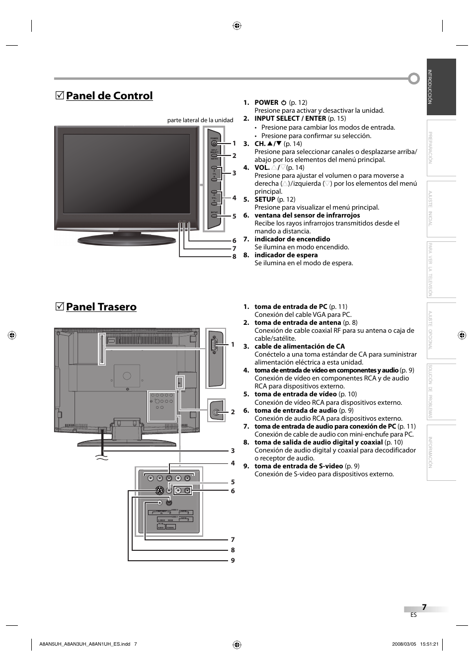 Panel de control 5, Panel trasero 5 | FUNAI LC195EM9 B User Manual | Page 43 / 72