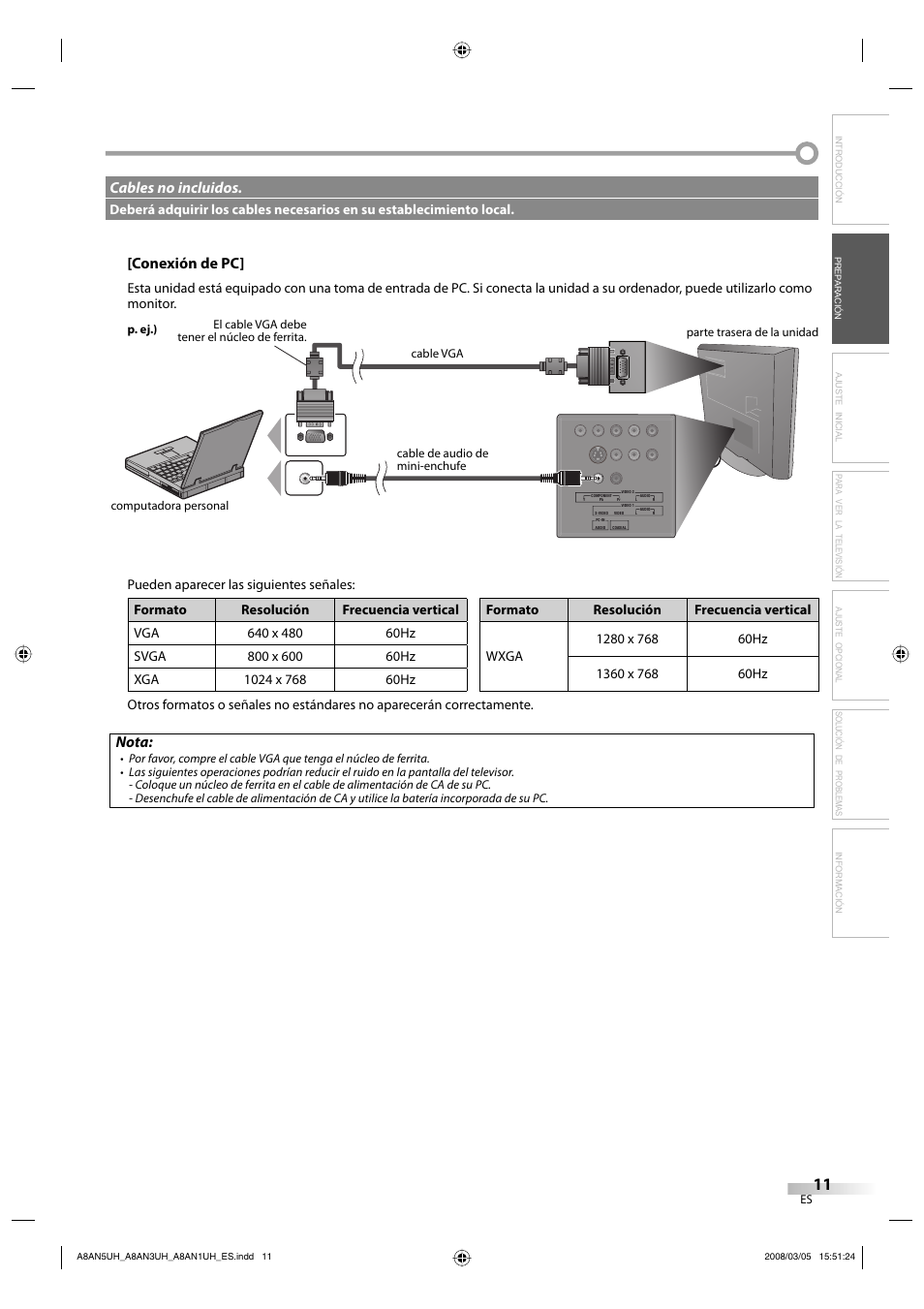 Conexión de pc, Nota, Cables no incluidos | FUNAI LC195EM9 B User Manual | Page 47 / 72