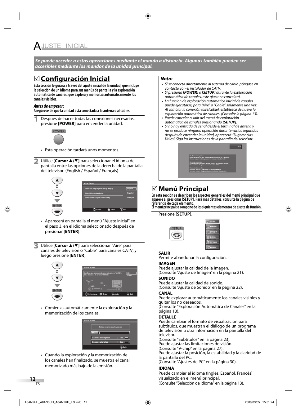Juste inicial, Configuración inicial, Menú principal | Antes de empezar, Nota | FUNAI LC195EM9 B User Manual | Page 48 / 72