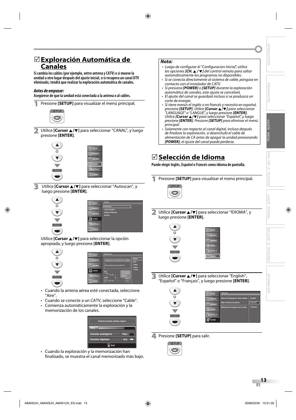 Exploración automática de canales, Selección de idioma, Antes de empezar | Nota | FUNAI LC195EM9 B User Manual | Page 49 / 72