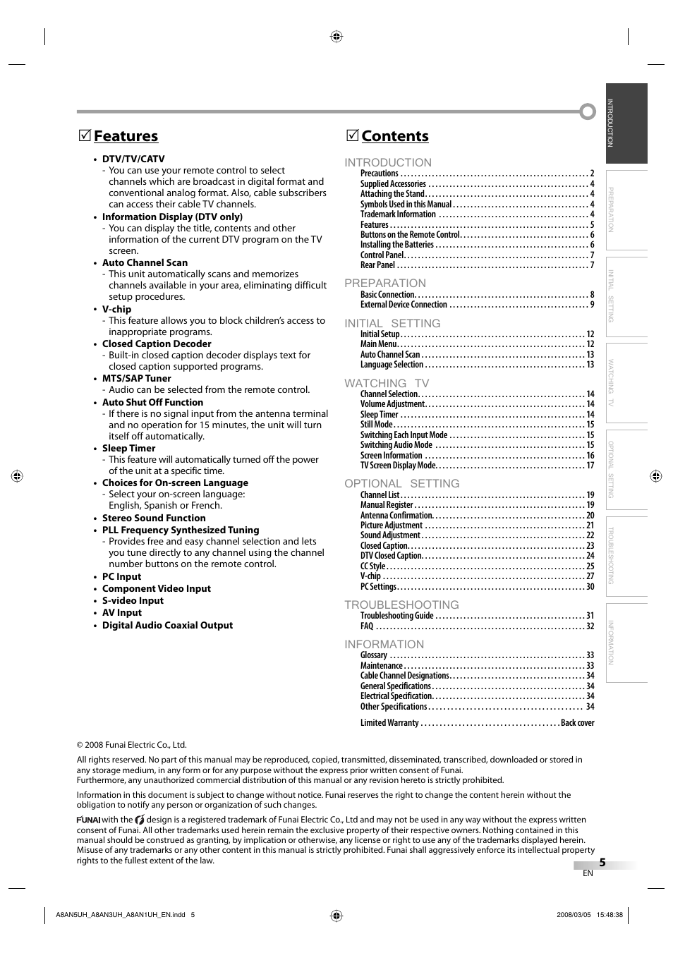 Introduction, Preparation, Initial setting | Watching tv, Optional setting, Troubleshooting, Information, Contents 5, Features 5 | FUNAI LC195EM9 B User Manual | Page 5 / 72