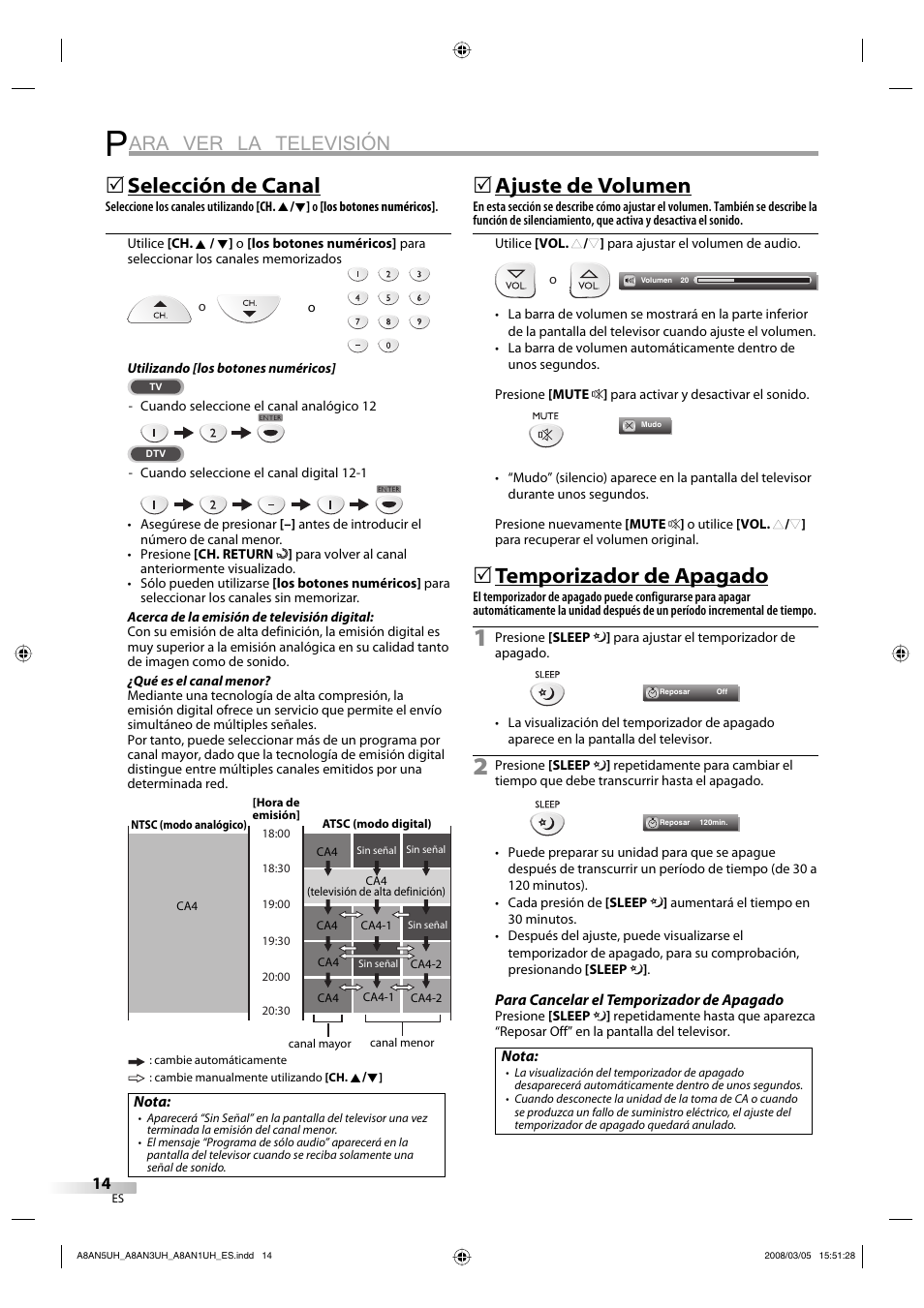 Ara ver la televisión, Selección de canal, Ajuste de volumen | Temporizador de apagado | FUNAI LC195EM9 B User Manual | Page 50 / 72