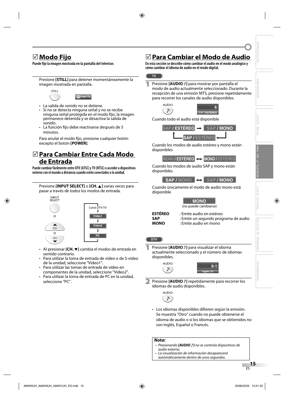 Modo fijo, Para cambiar entre cada modo de entrada, Para cambiar el modo de audio | FUNAI LC195EM9 B User Manual | Page 51 / 72