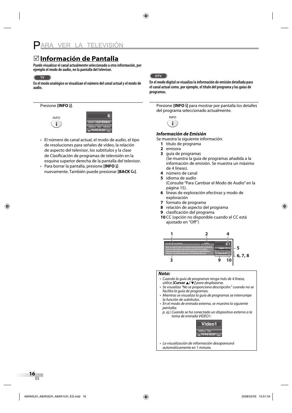 Ara ver la televisión, Información de pantalla, Información de emisión | Nota | FUNAI LC195EM9 B User Manual | Page 52 / 72