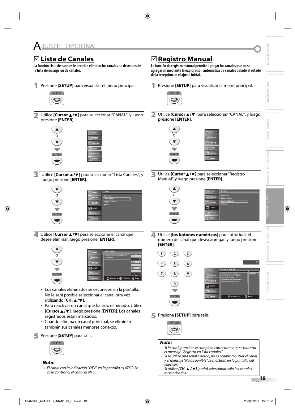 Juste opcional, Lista de canales, Registro manual | Nota | FUNAI LC195EM9 B User Manual | Page 55 / 72